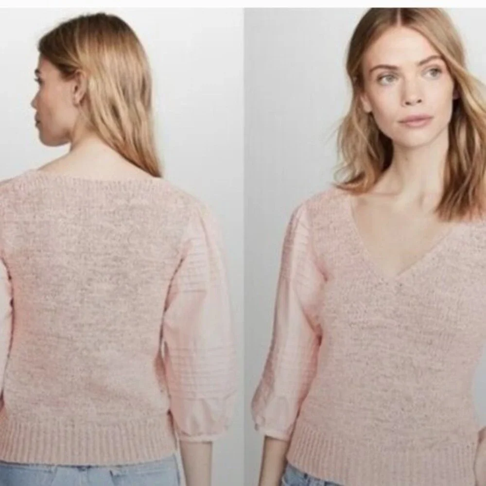 la vie rebecca taylor poplin blouse babydoll top peach pink knit v-neck preppy - Picture 6 of 14
